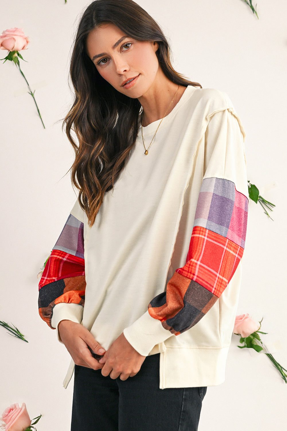Beige Plaid Patchwork Long Sleeve Exposed Seam Loose Top