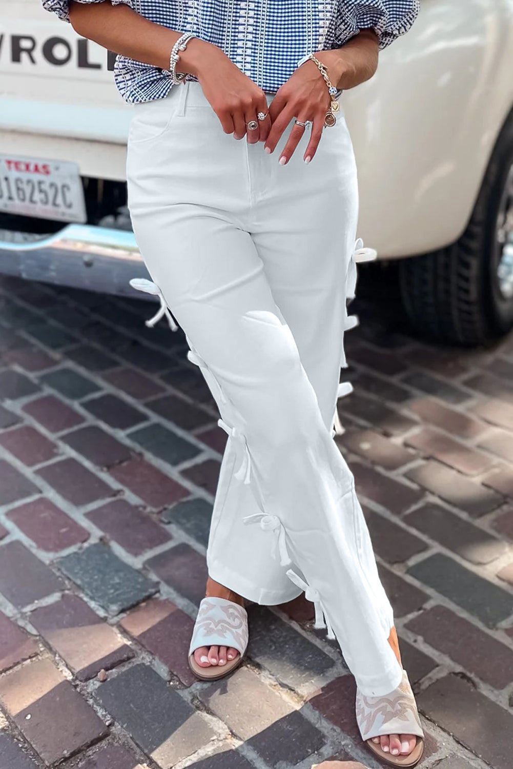 White Bowknot Side Detail Straight Leg Loose Jeans