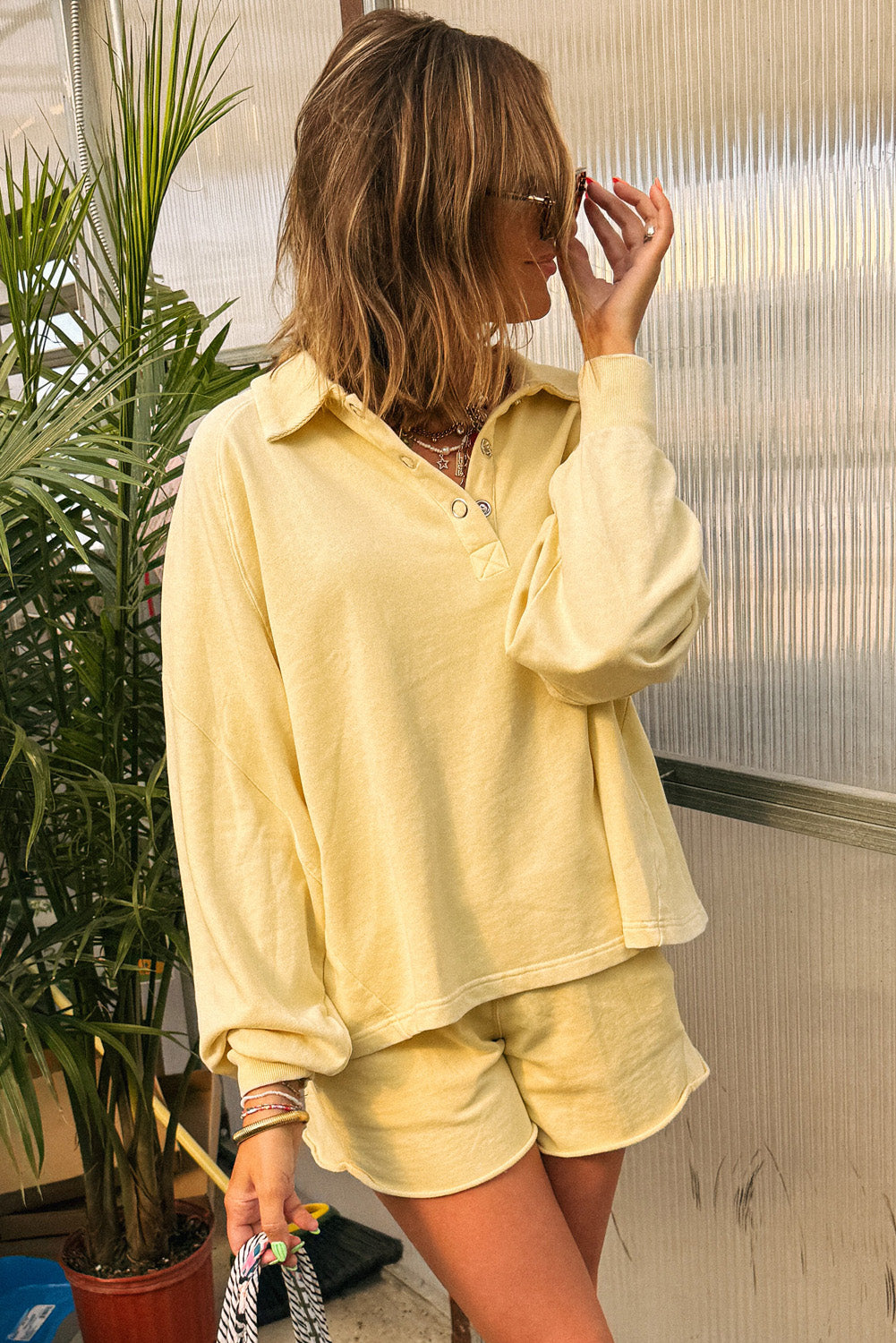 Yellow Cream Button Collar Drop Shoulder Pullover and Shorts Set