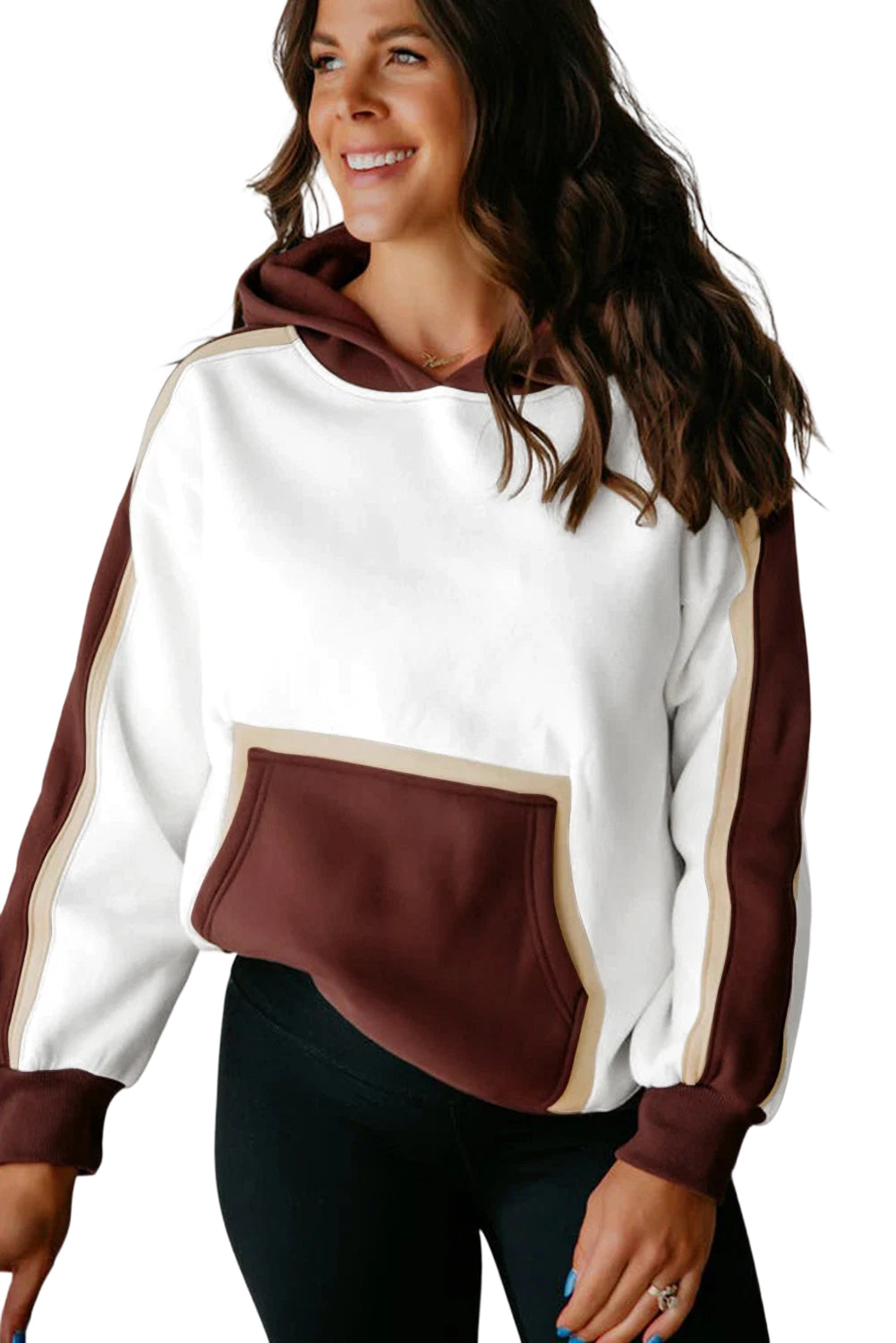 Coffee Colorblock Kangaroo Pocket Long Sleeve Hoodie