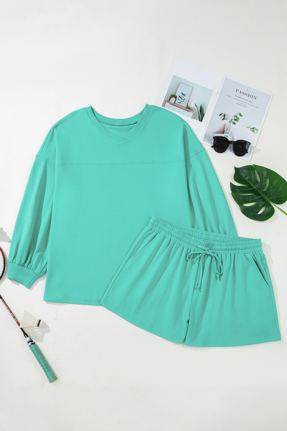 Sea Green Solid Color Plus Size Pullover and Loose Shorts Set