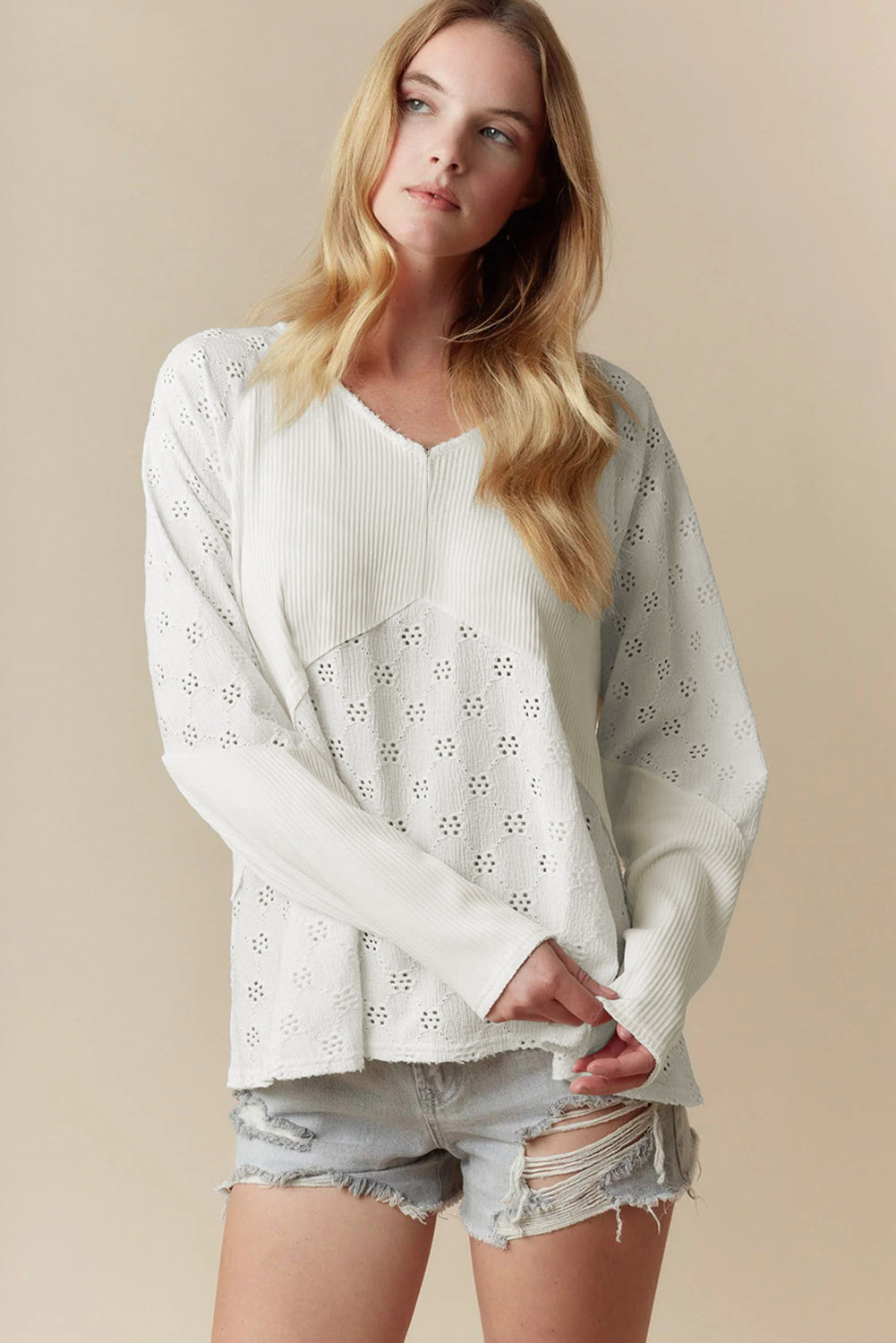 White Twisted Rib Patchwork Floral Embroidered Loose Long Sleeve Top