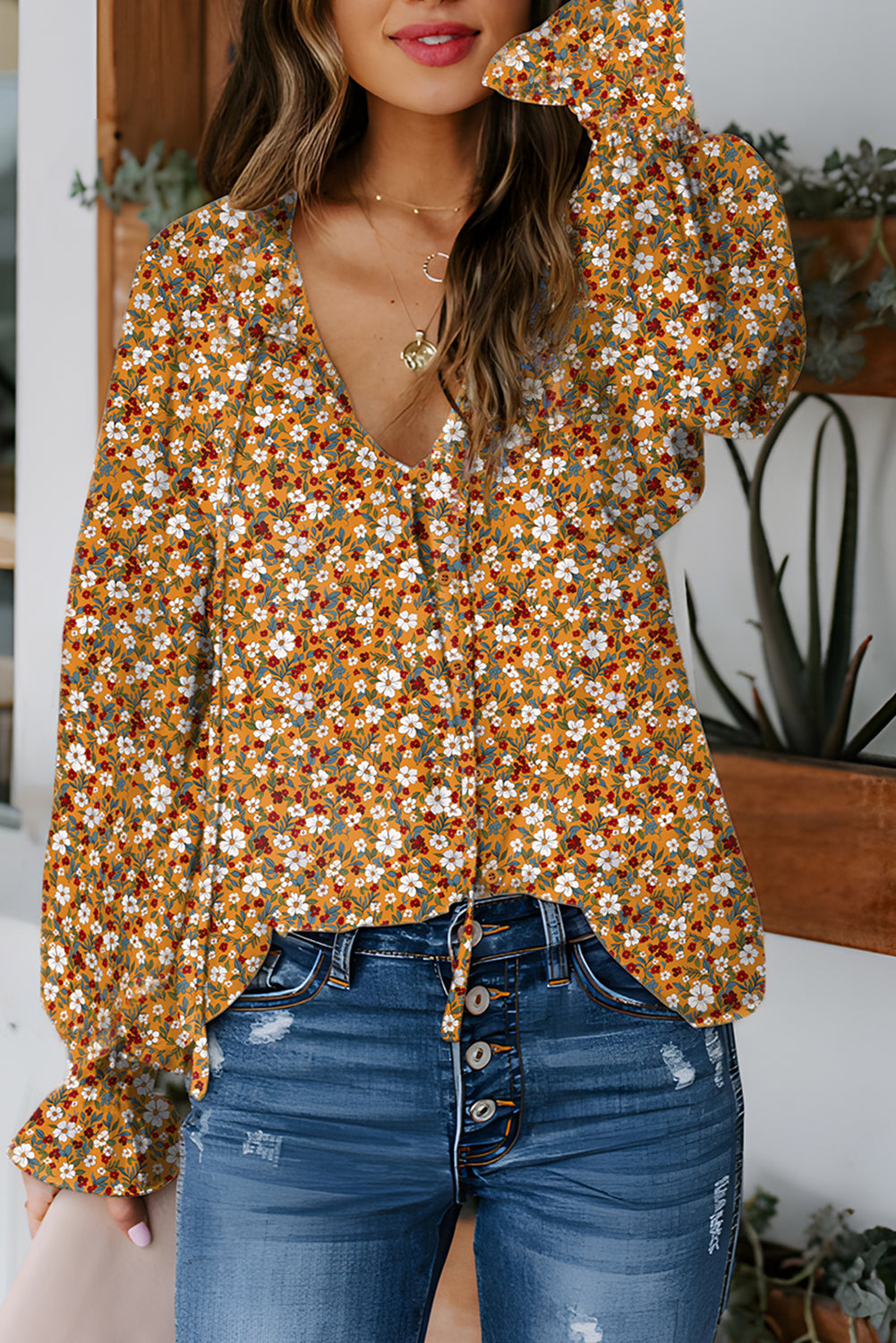 Orange Boho Floral Ruffled Bubble Sleeve V Neck Fall Blouse