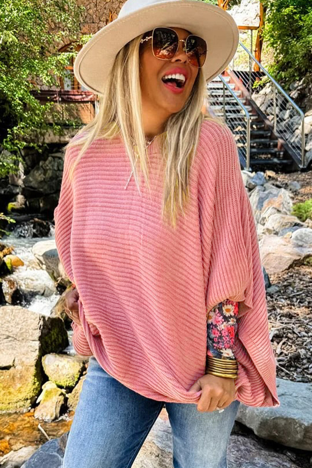 Light Pink Ribbed Knit Half Sleeve Plus Size Poncho Style Sweater