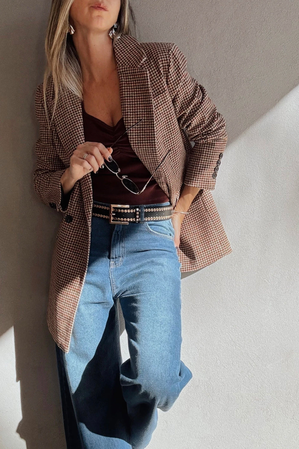 Brown Houndstooth Lapel Collar Blazer