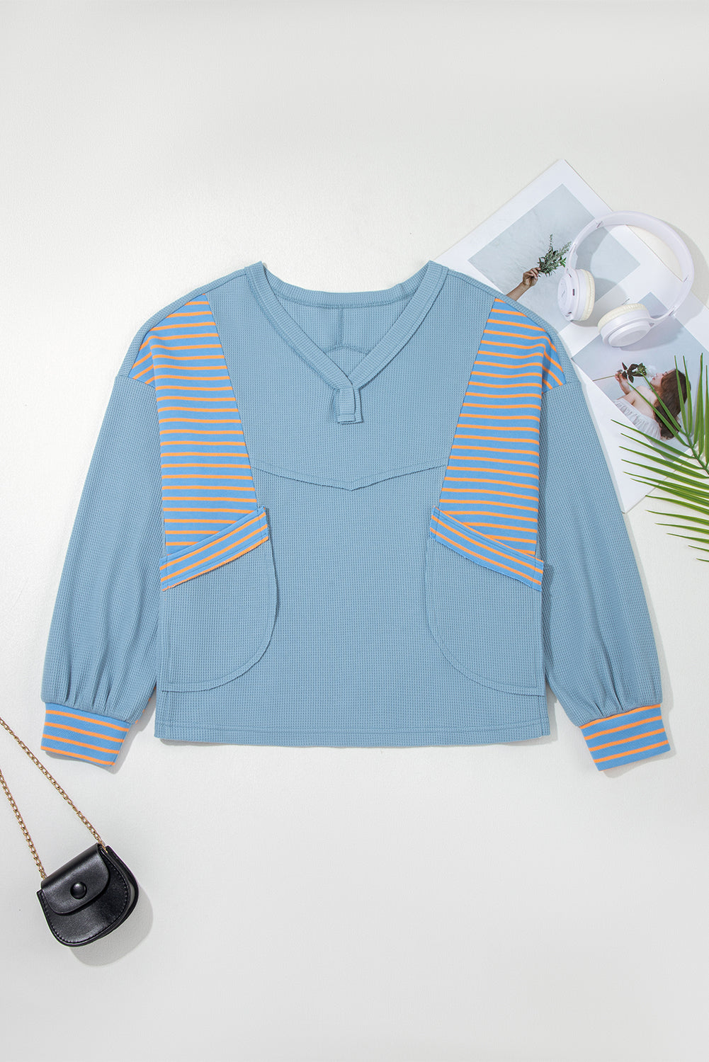 Dusk Blue Exposed Seam Waffle Striped Patchwork Baggy Pullover