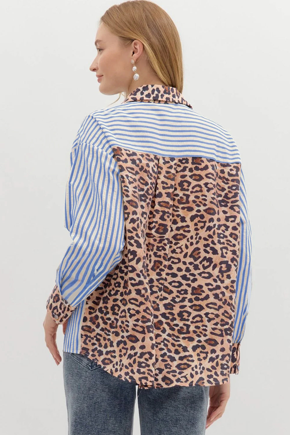 Sky Blue Contrast Leopard and Stripes Button Up Shirt