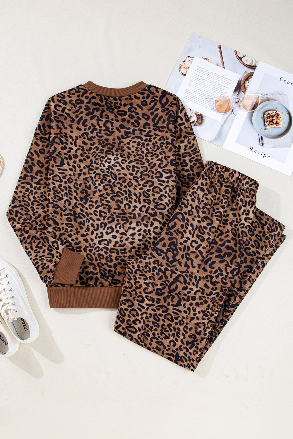 Coffee Allover Leopard Print Contrast Trim Long Sleeve Top and Pants Set