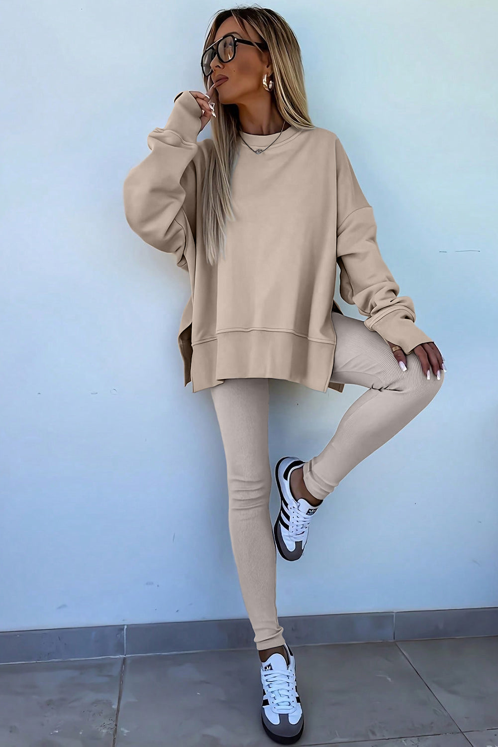 Jet Stream Solid Color Oversize Slit Sweatshirt Ribbed Leggings Set