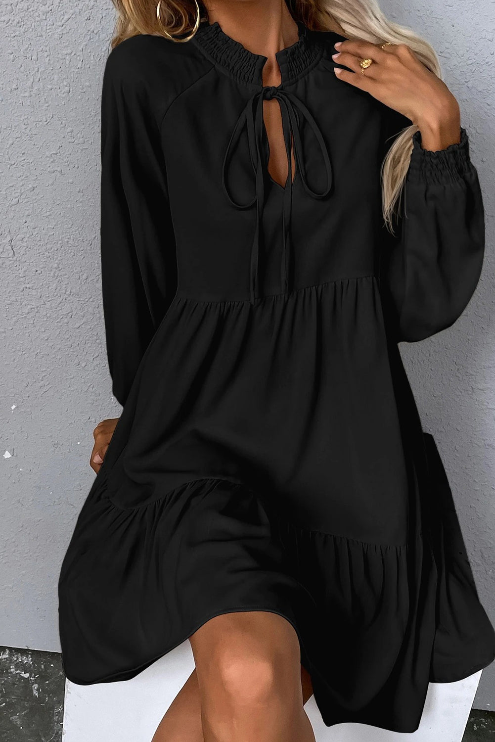 Black Tie Split Neck Smocked Detail Puff Sleeve Ruffle Hem Loose Dress