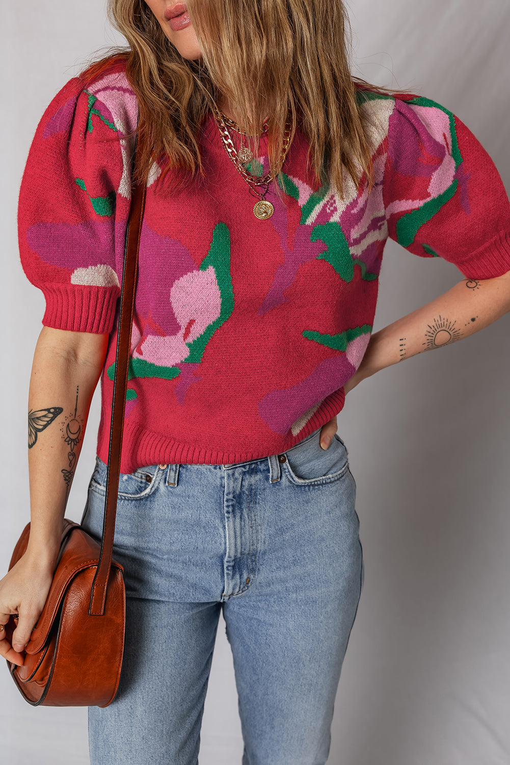 Red Floral Abstract Print Short Puff Sleeve Sweater