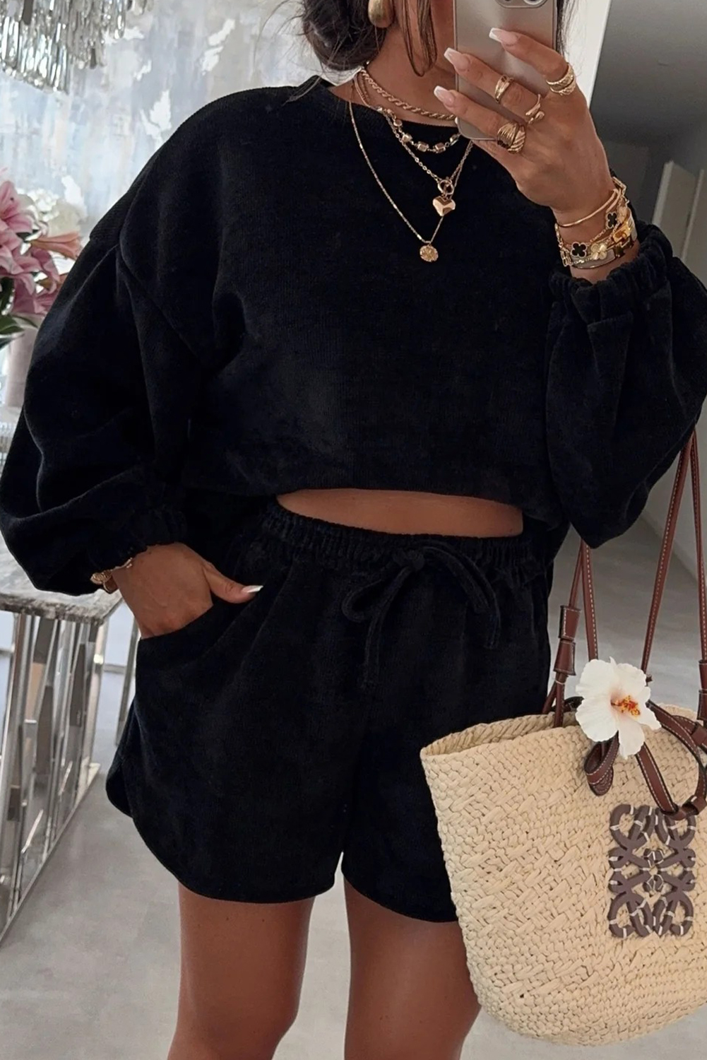 Black Textured Knit Drop Shoulder Pullover Drawstring Shorts Set