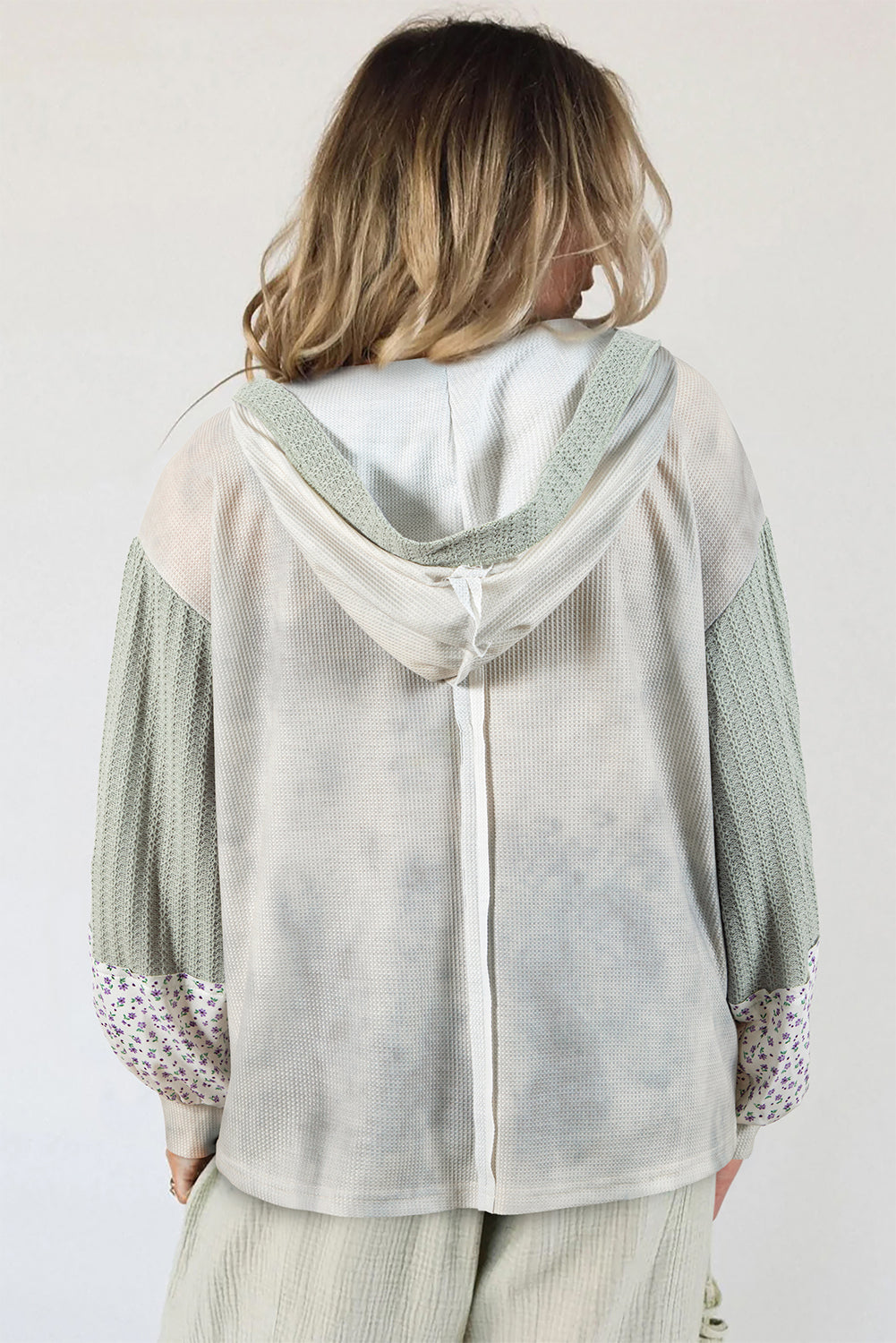 Green Tie-dye Floral Textured Colorblock Patchwork Lantern Sleeve Hooded Top