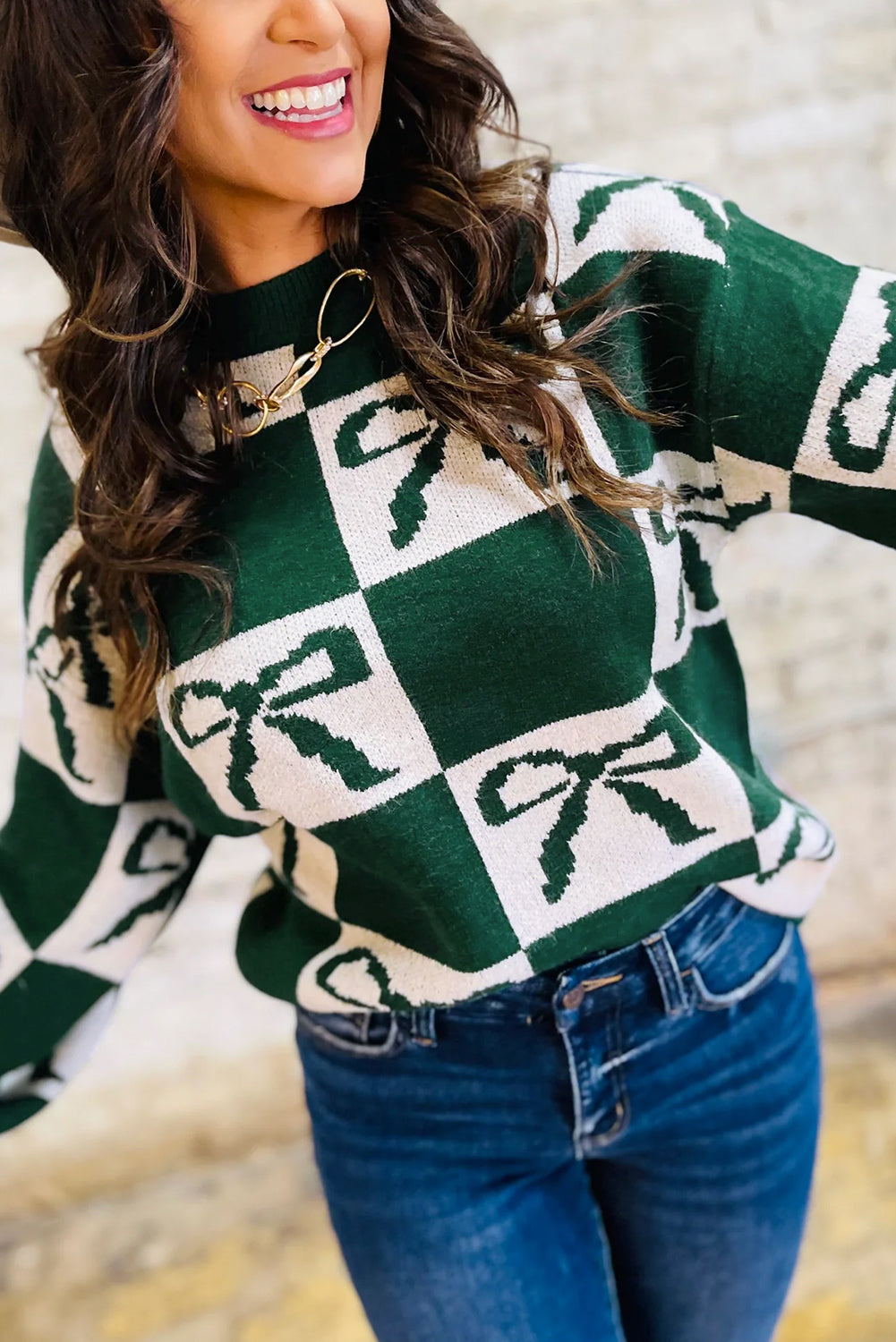 Blackish Green Bow Print Checkered Knit Sweater