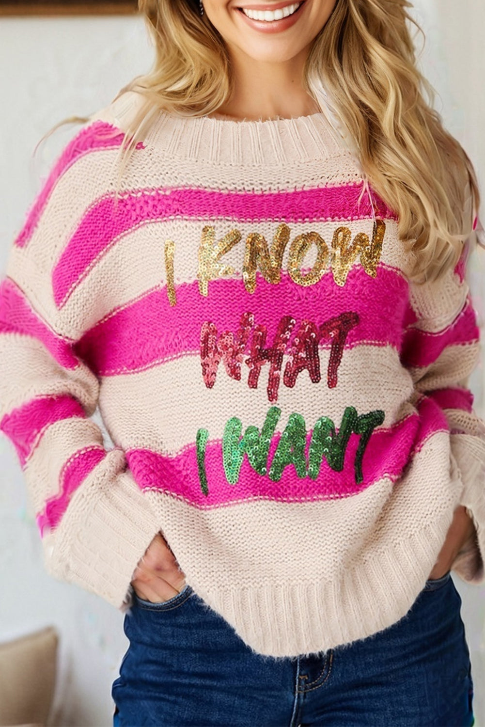 Rose Red I KNOW WAHT I WAT Sequin Letter Graphic Colorblock Loose Sweater