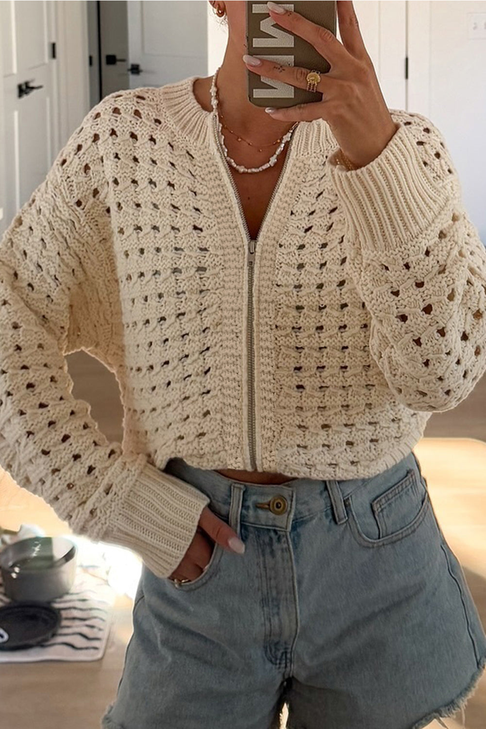 Beige Hollowed Pattern Knit Zip Up Drop Shoulder Cardigan