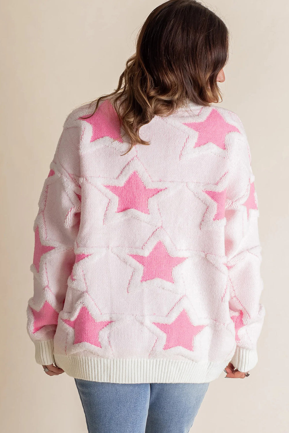 Sachet Pink Star Pattern Drop Sleeve Loose Sweater