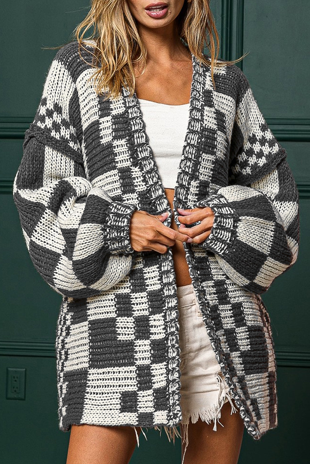 Dark Grey Colorblock Checked Loose Fit Open Front Knitted Cardigan