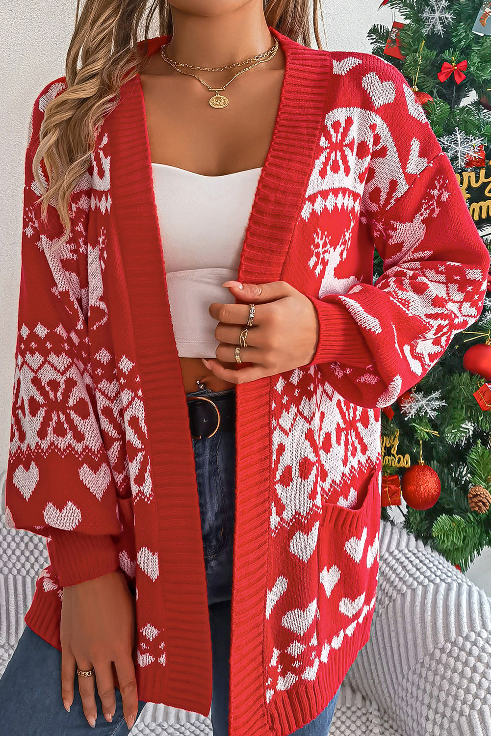 Fiery Red Christmas Reindeer Heart Pattern Pocket Knit Cardigan
