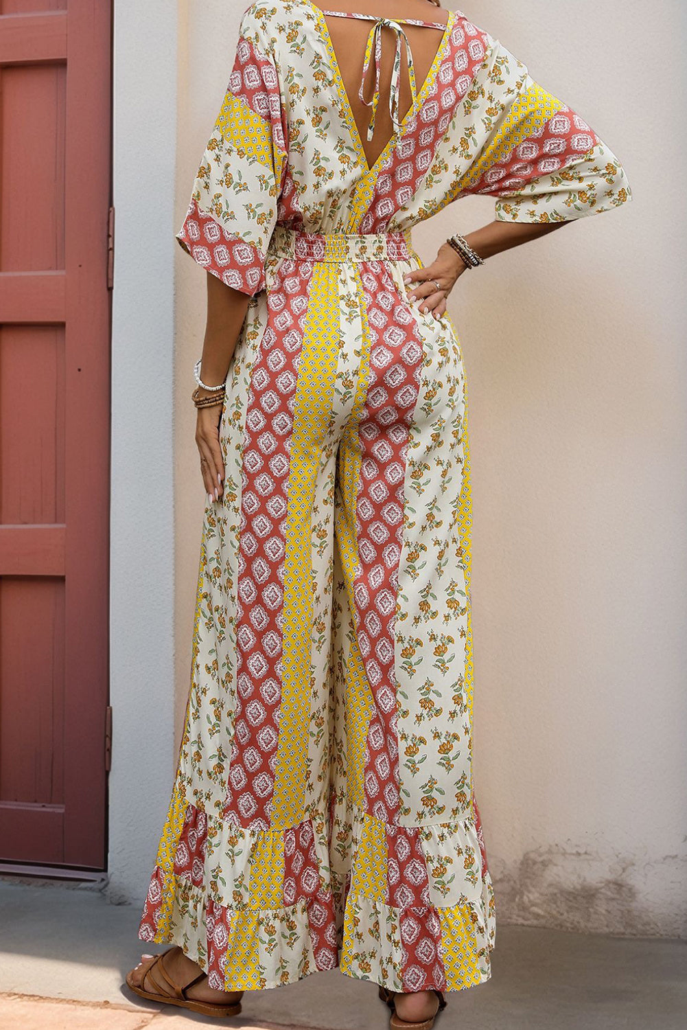 Yellow Boho V Neck Half Sleeve Patchwork Maxi Dress