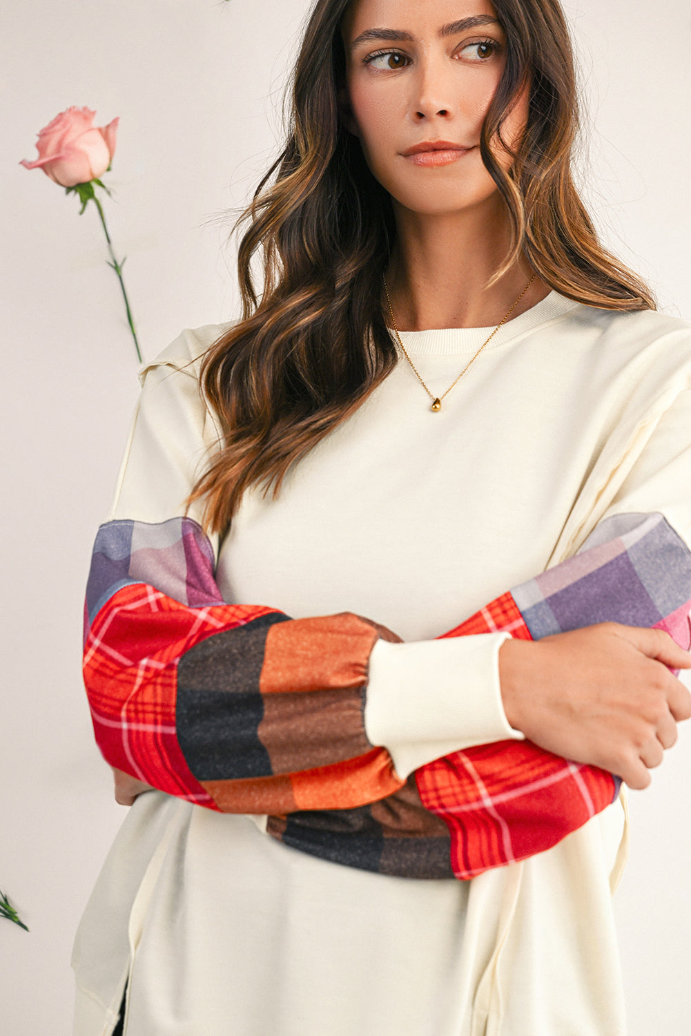 Beige Plaid Patchwork Long Sleeve Exposed Seam Loose Top