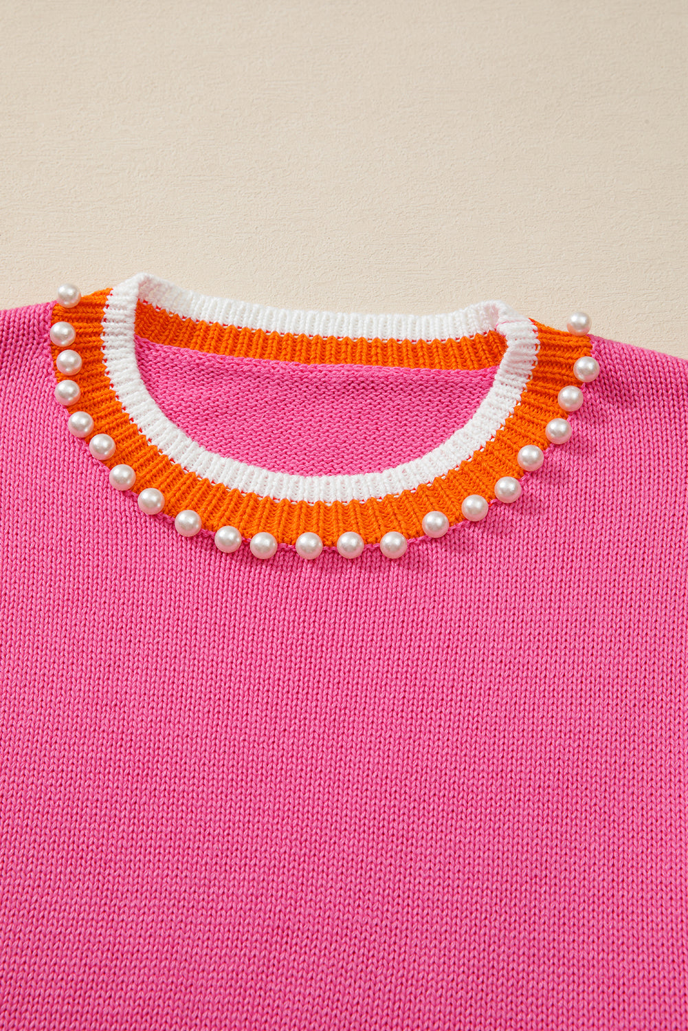 Sachet Pink Contrast Collar Pearl Decor Sweater