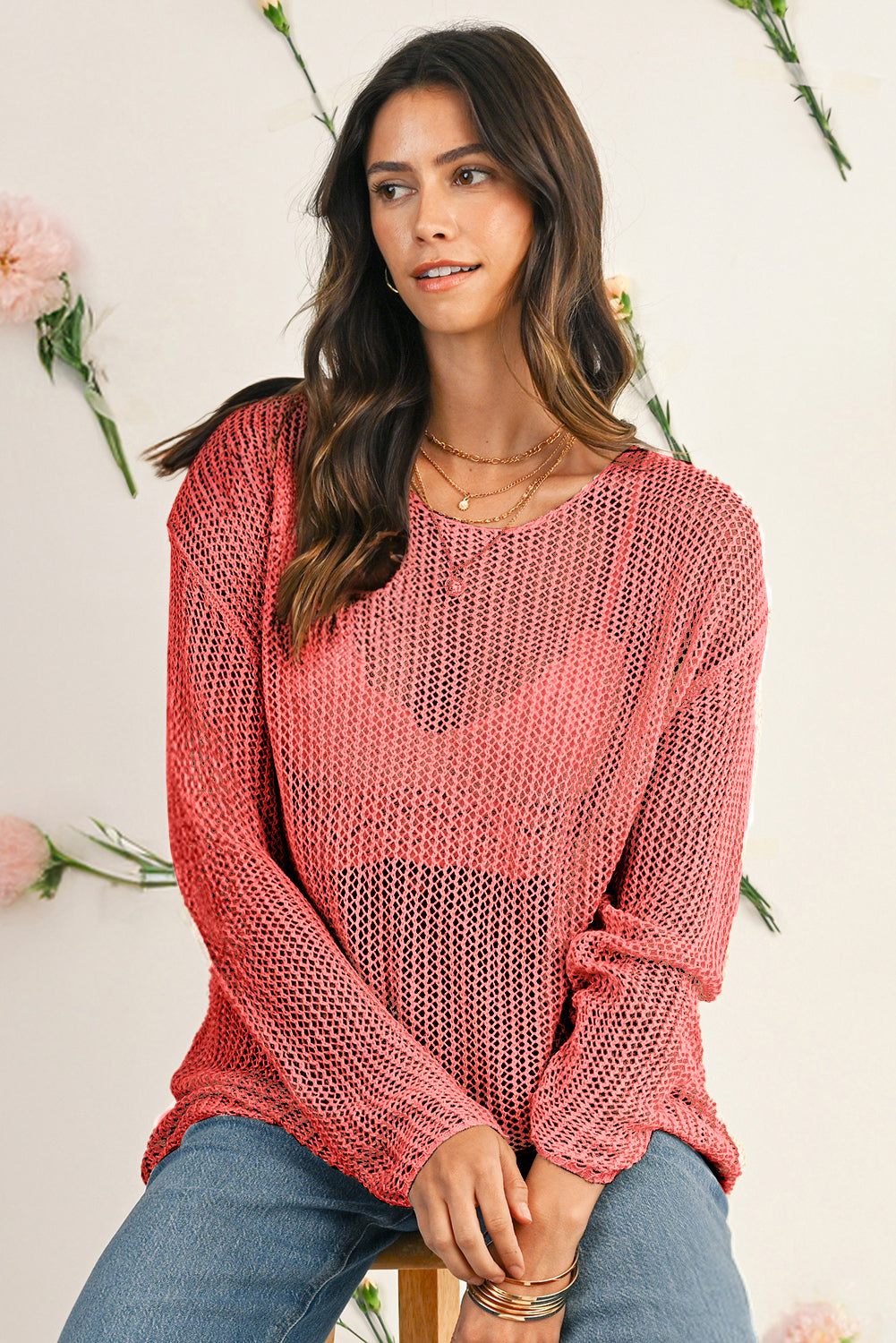 Coral Crochet Hollow-out Knit Sweater