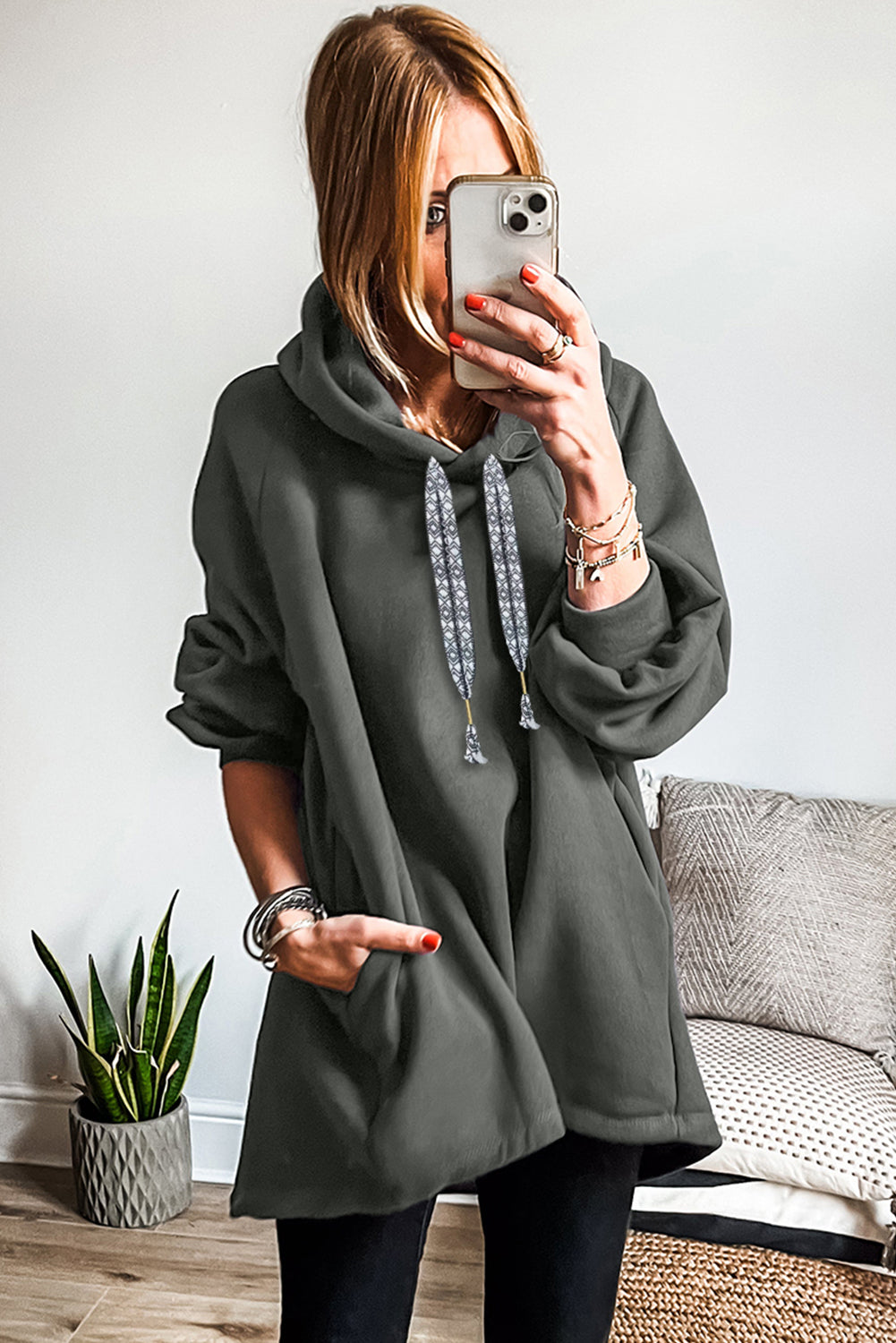 Raglan Sleeve Drawstring Hooded Tunic Sweatshirt