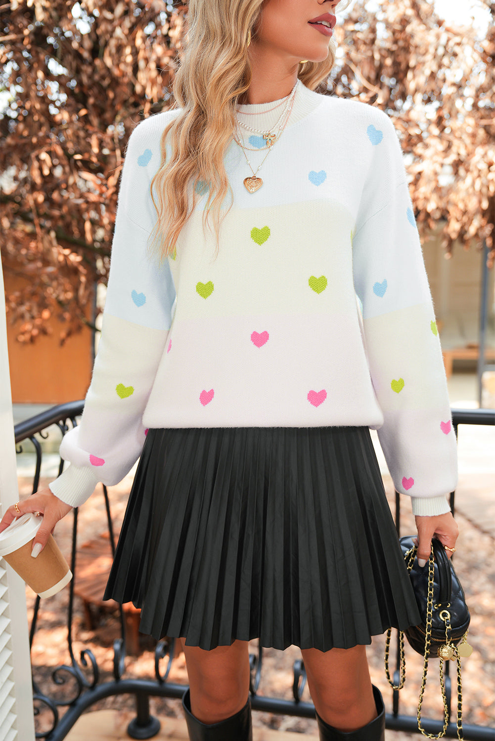 Multicolor Heart Pattern Colorblock High Neck Sweater