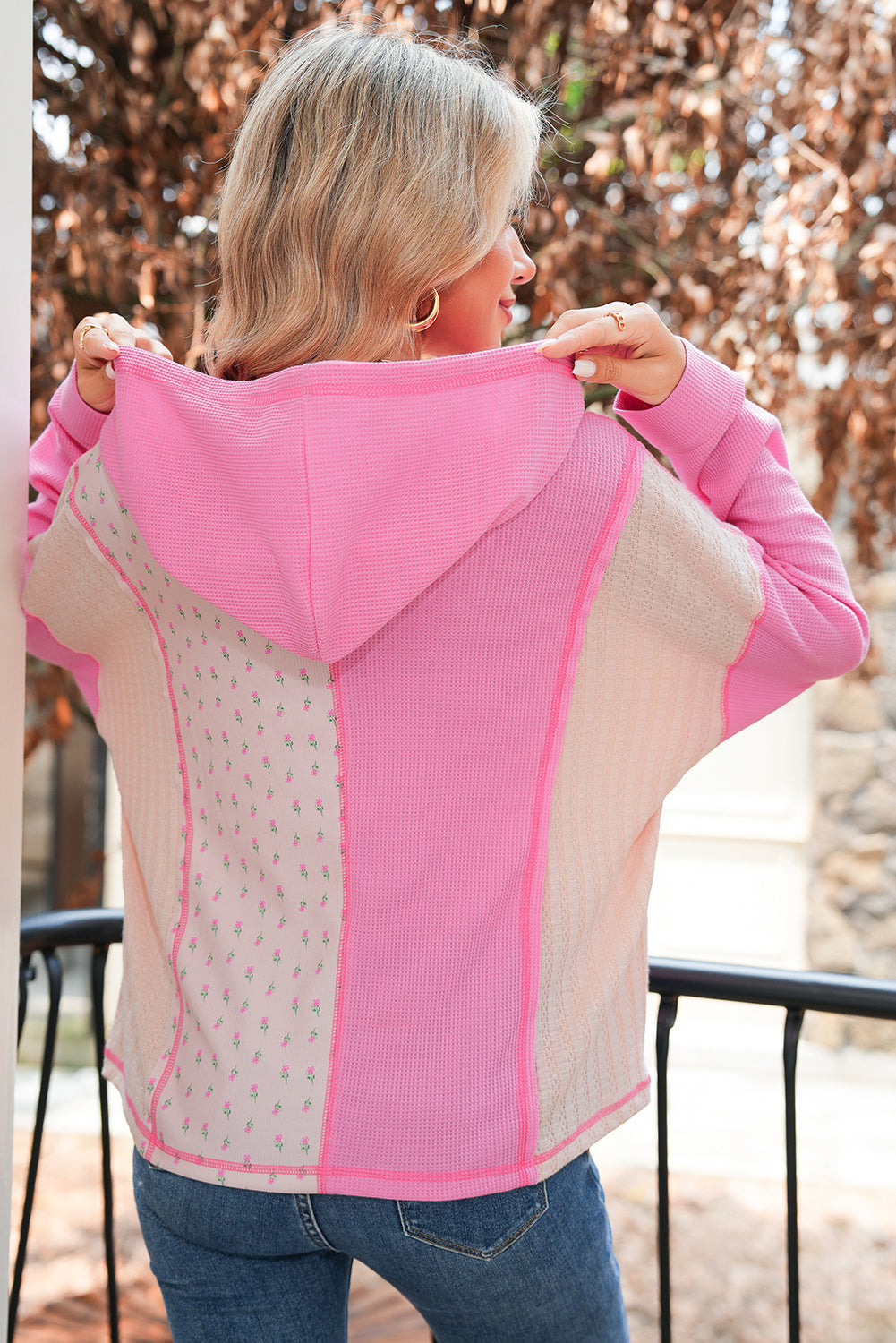 Pink Mixed Texture Waffle Floral Patchwork Hooded Oversized Pullover Top