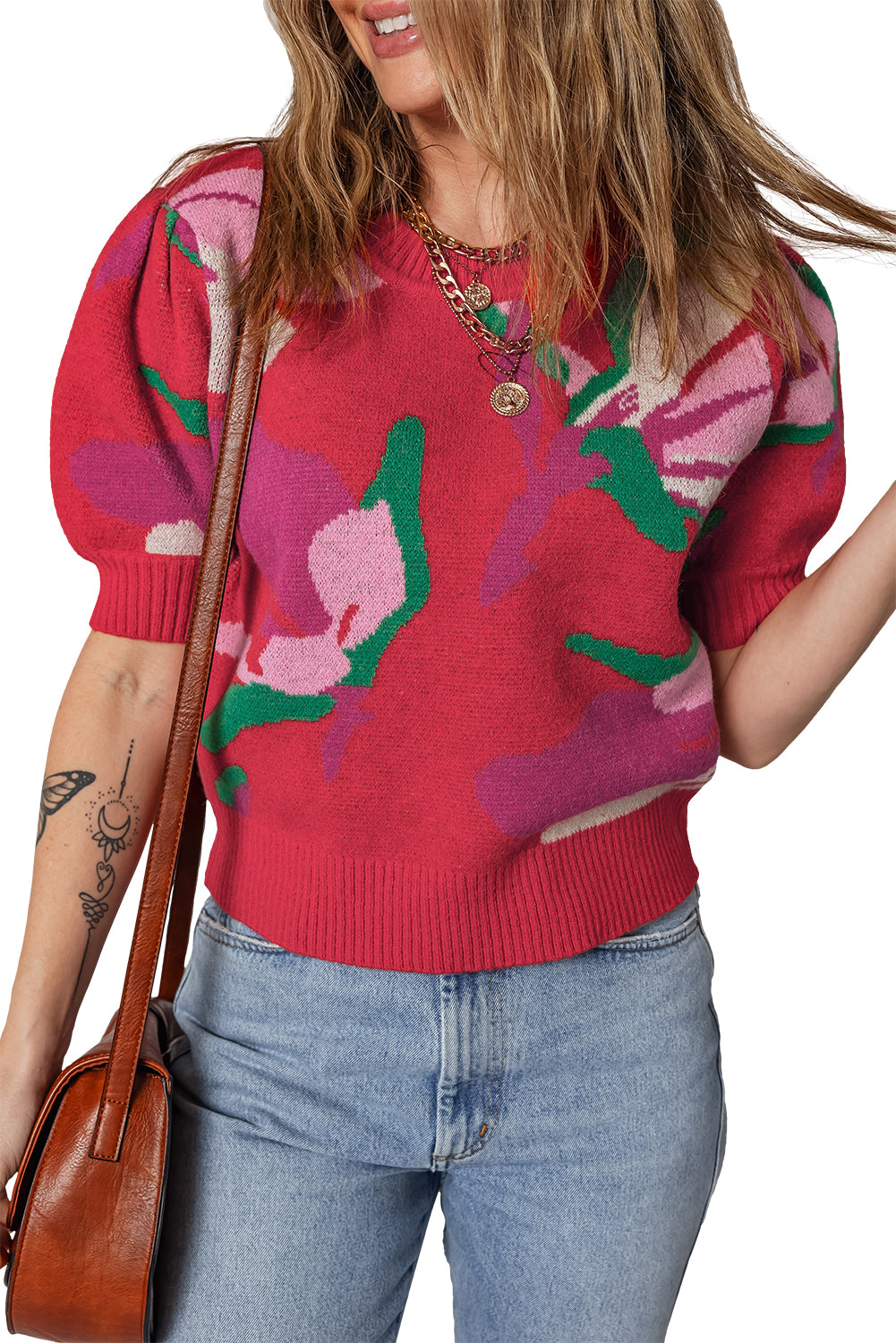 Red Floral Abstract Print Short Puff Sleeve Sweater