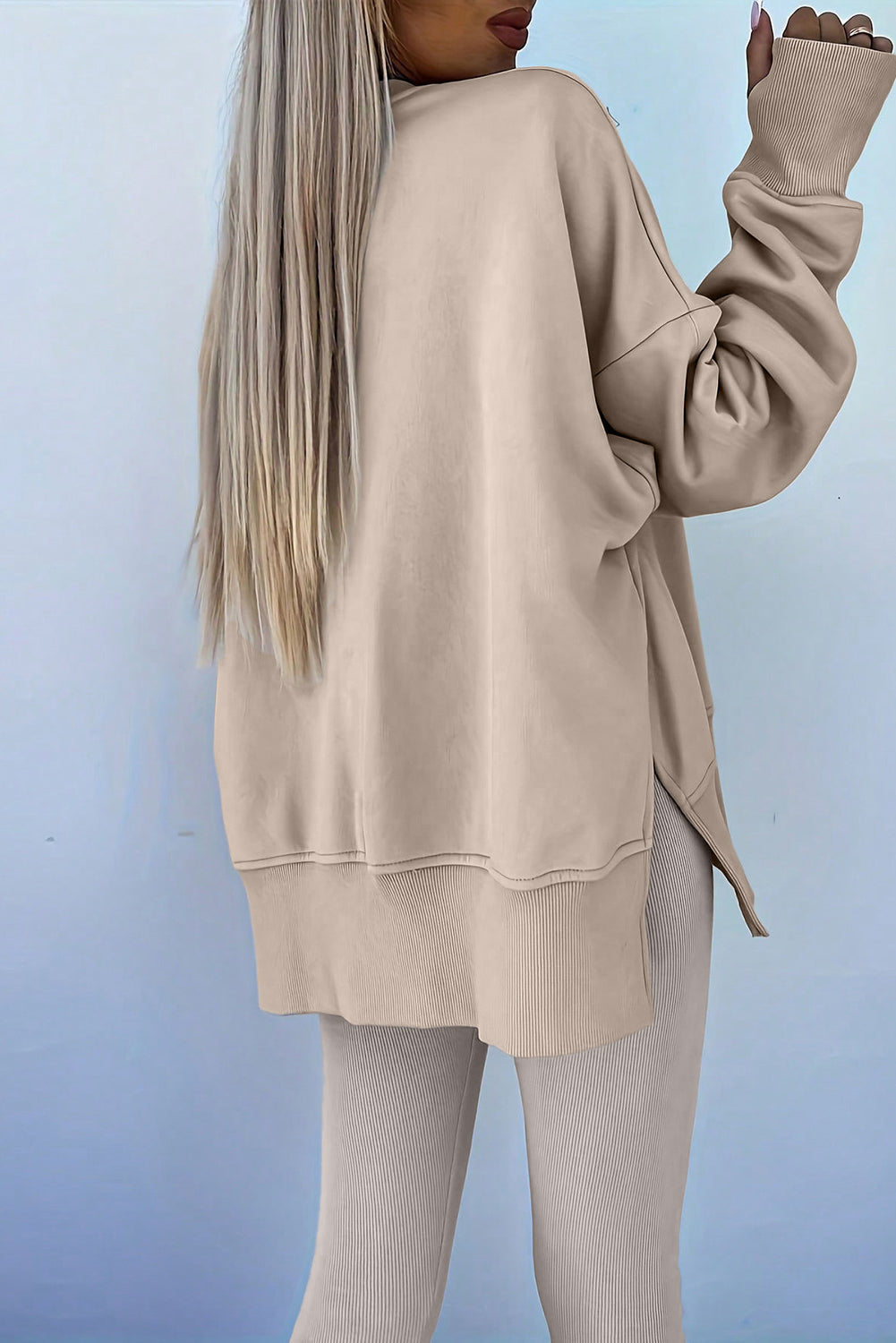 Jet Stream Solid Color Oversize Slit Sweatshirt Ribbed Leggings Set