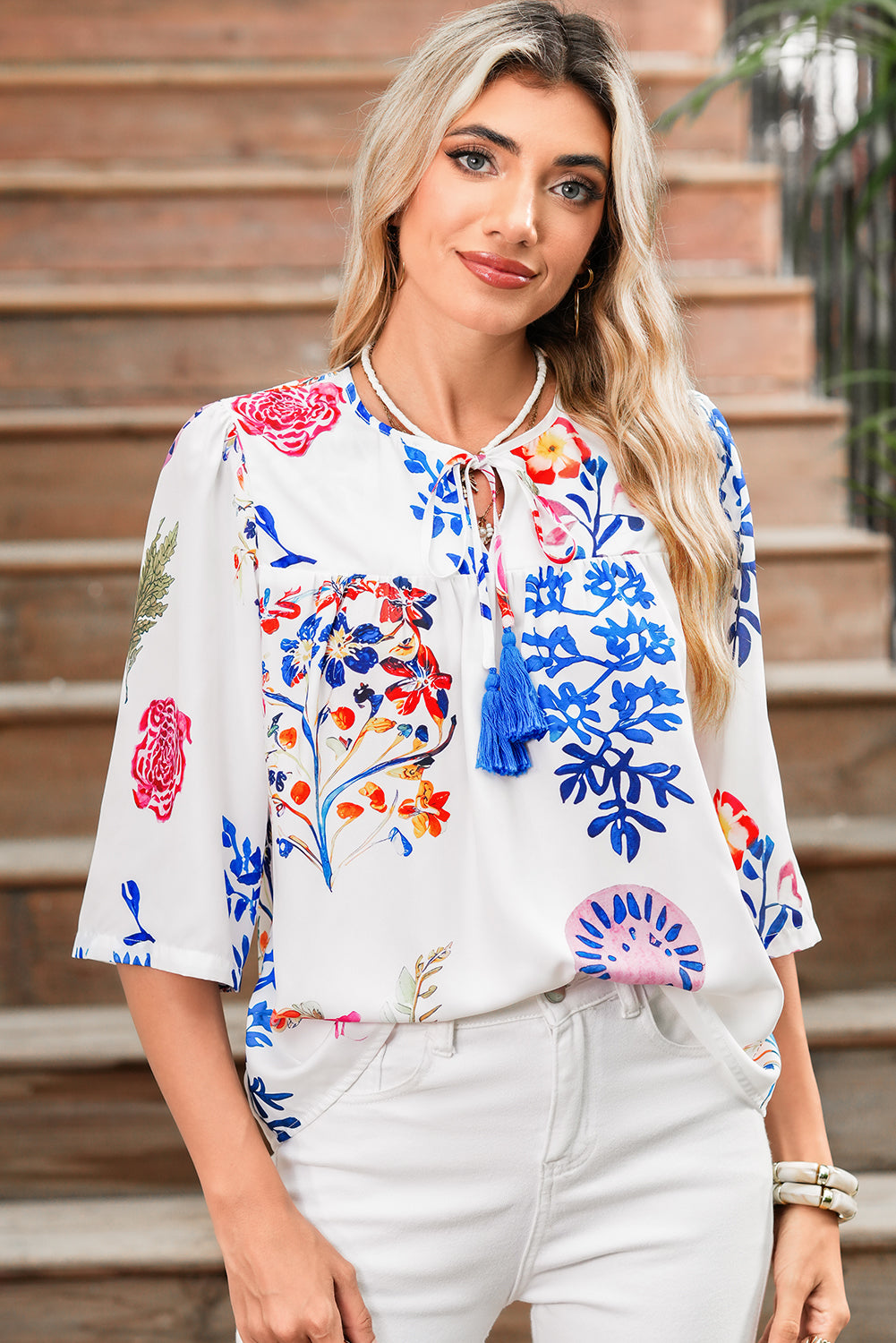 White Boho Floral Fringe Tie V Neck Blouse