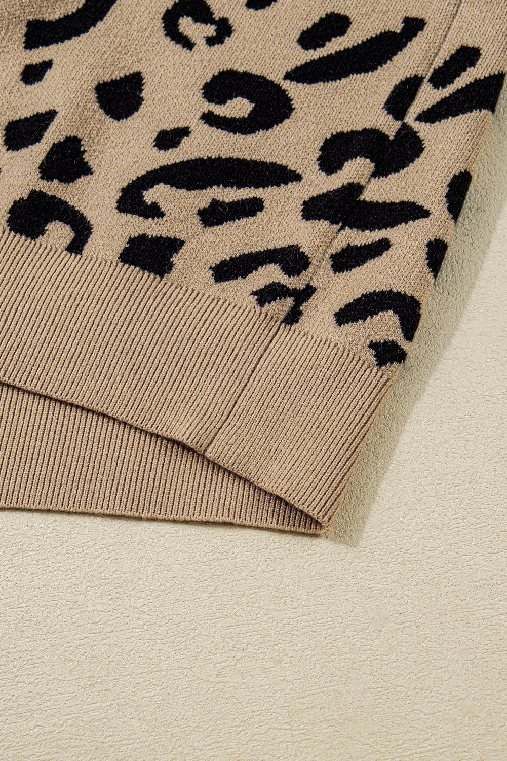 Brown Leopard Knitted Lace Trim Cuffed Plus Size Sweater