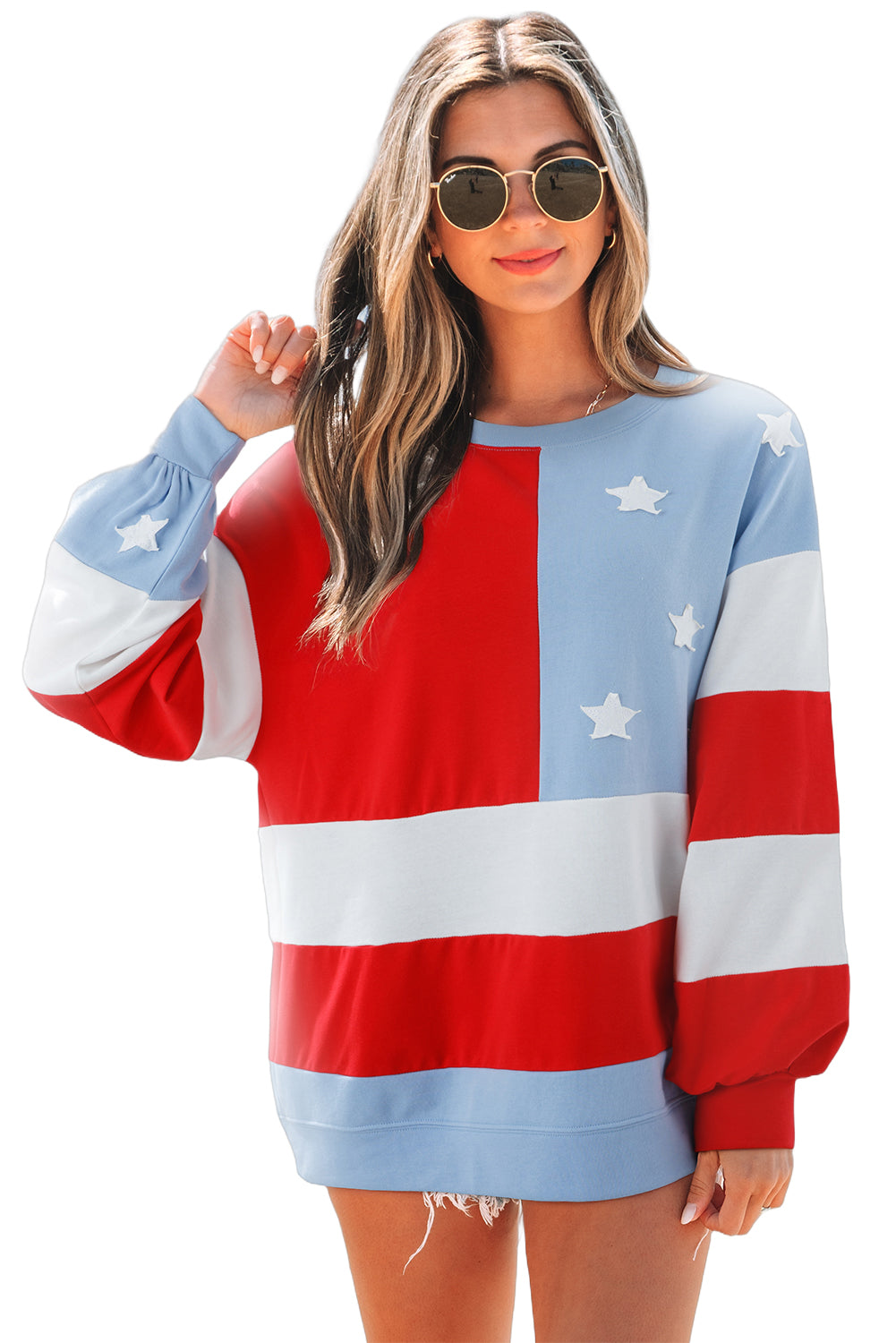 Multicolour American Flag Vintage Colorblock Pullover Sweatshirt