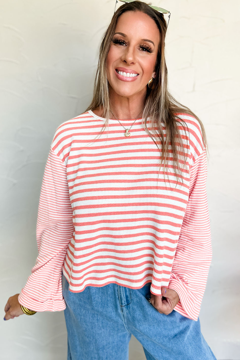 Pink Striped Textured Patchwork Drop Sleeve Top