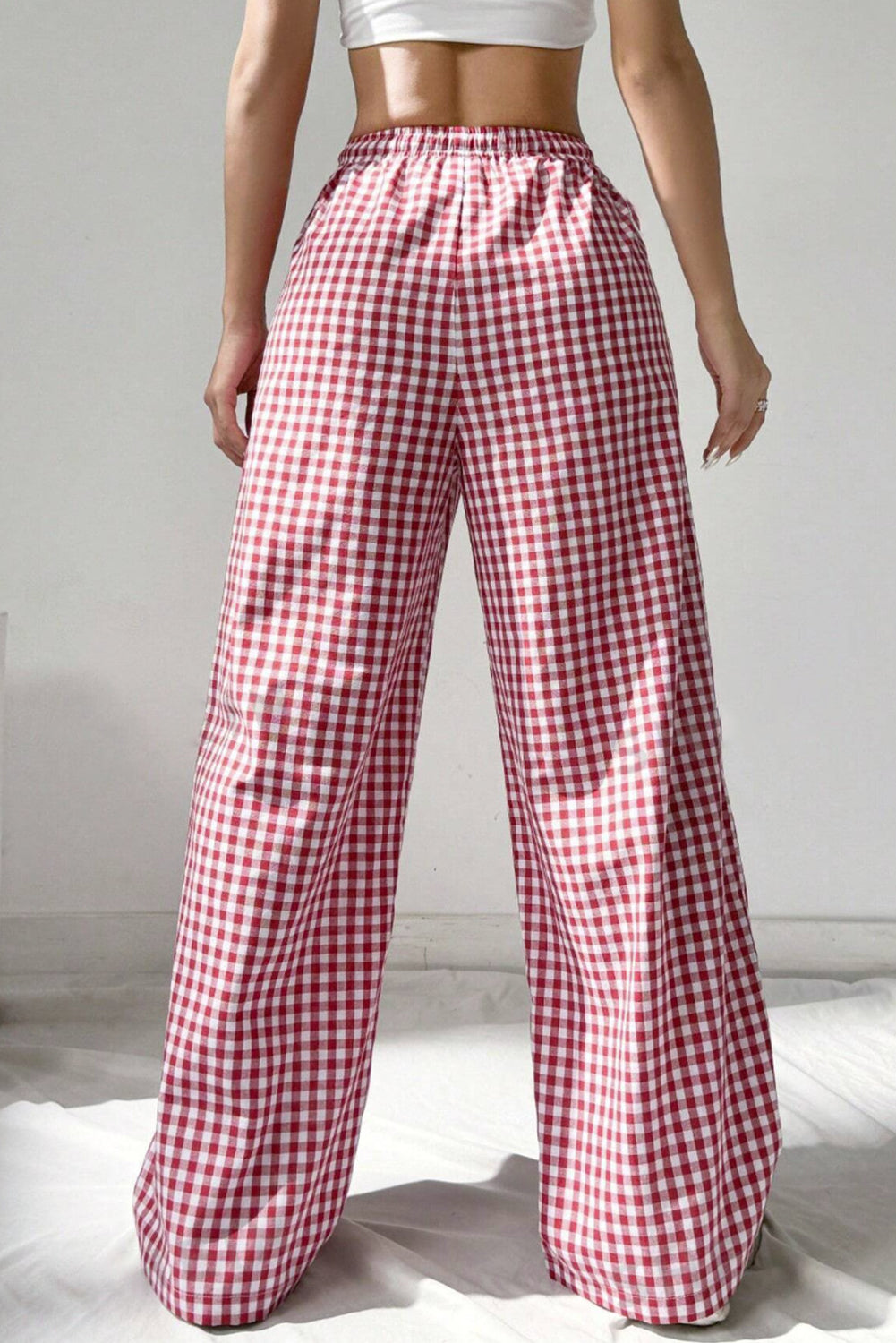 Red Plaid Knot Waist Pocket Casual Pants
