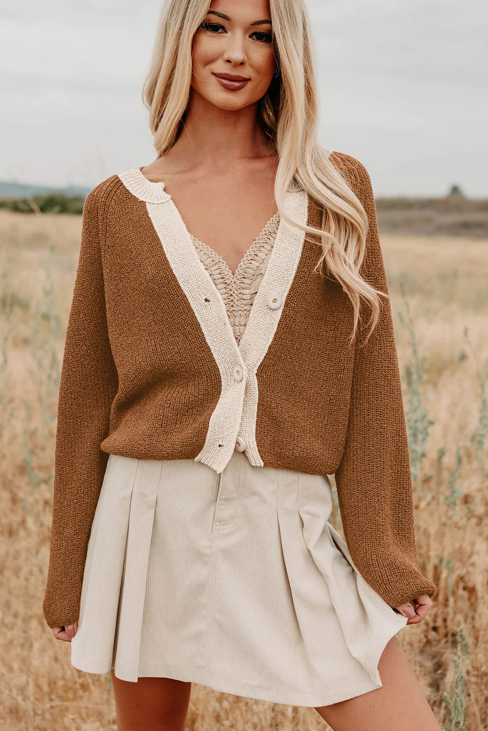 Chestnut Contrast Color V Neckline Knit Cardigan