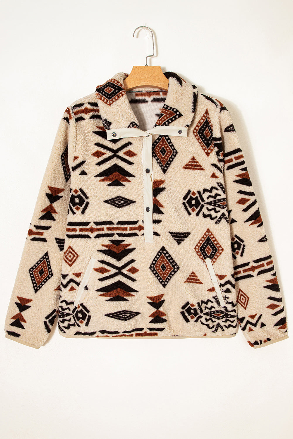 Beige Vintage Geometric Half Zip Plush Sweatshirt