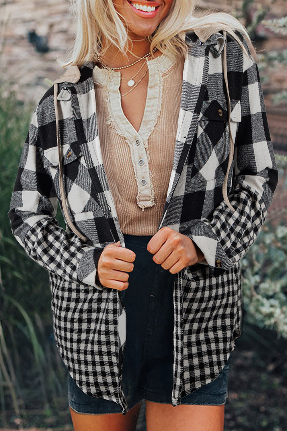 Black Plaid Patchwork Drawstring Hooded Raw Hem Shacket