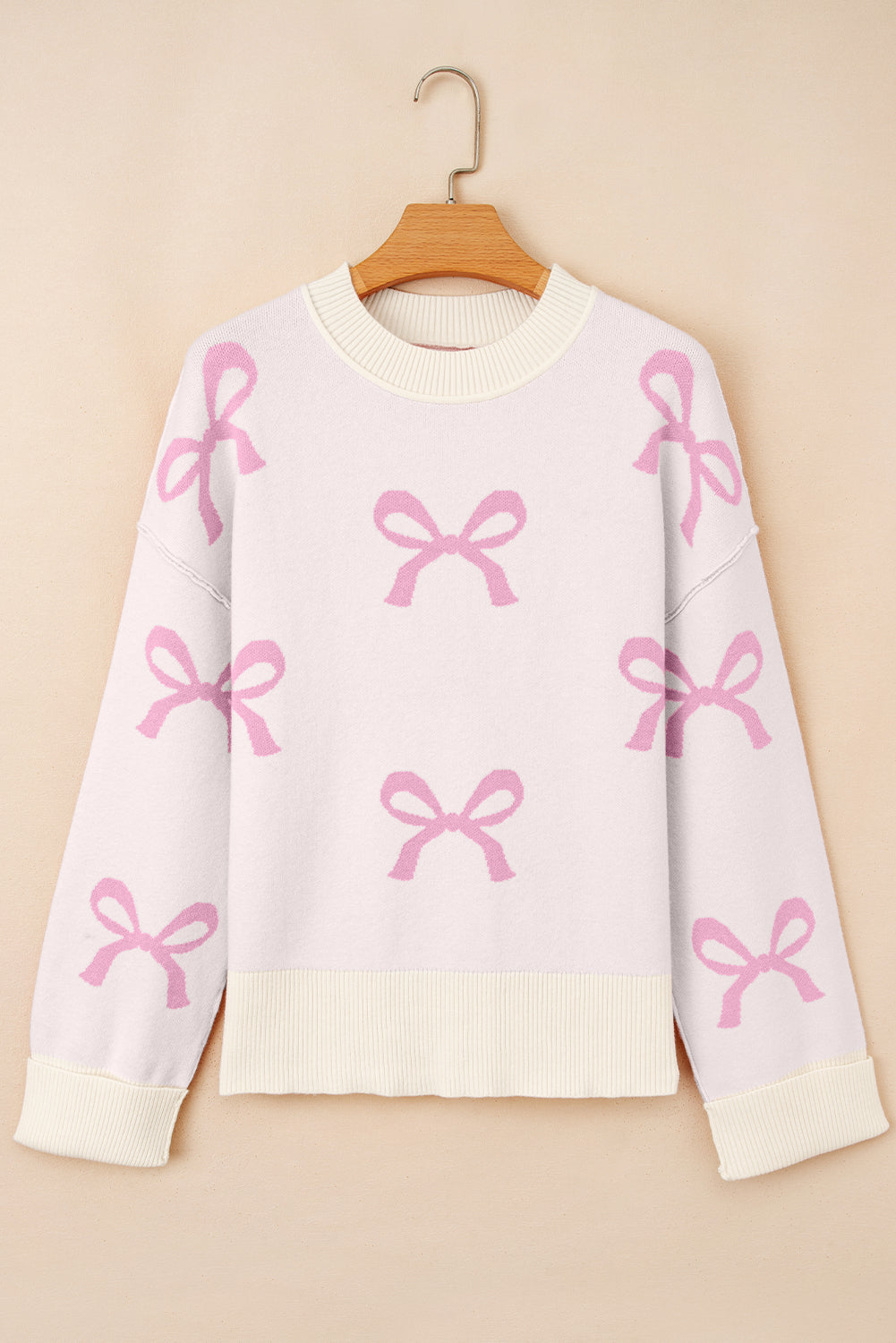 Pink Bow Print Exposed Seam Drop Sleeve Sweater