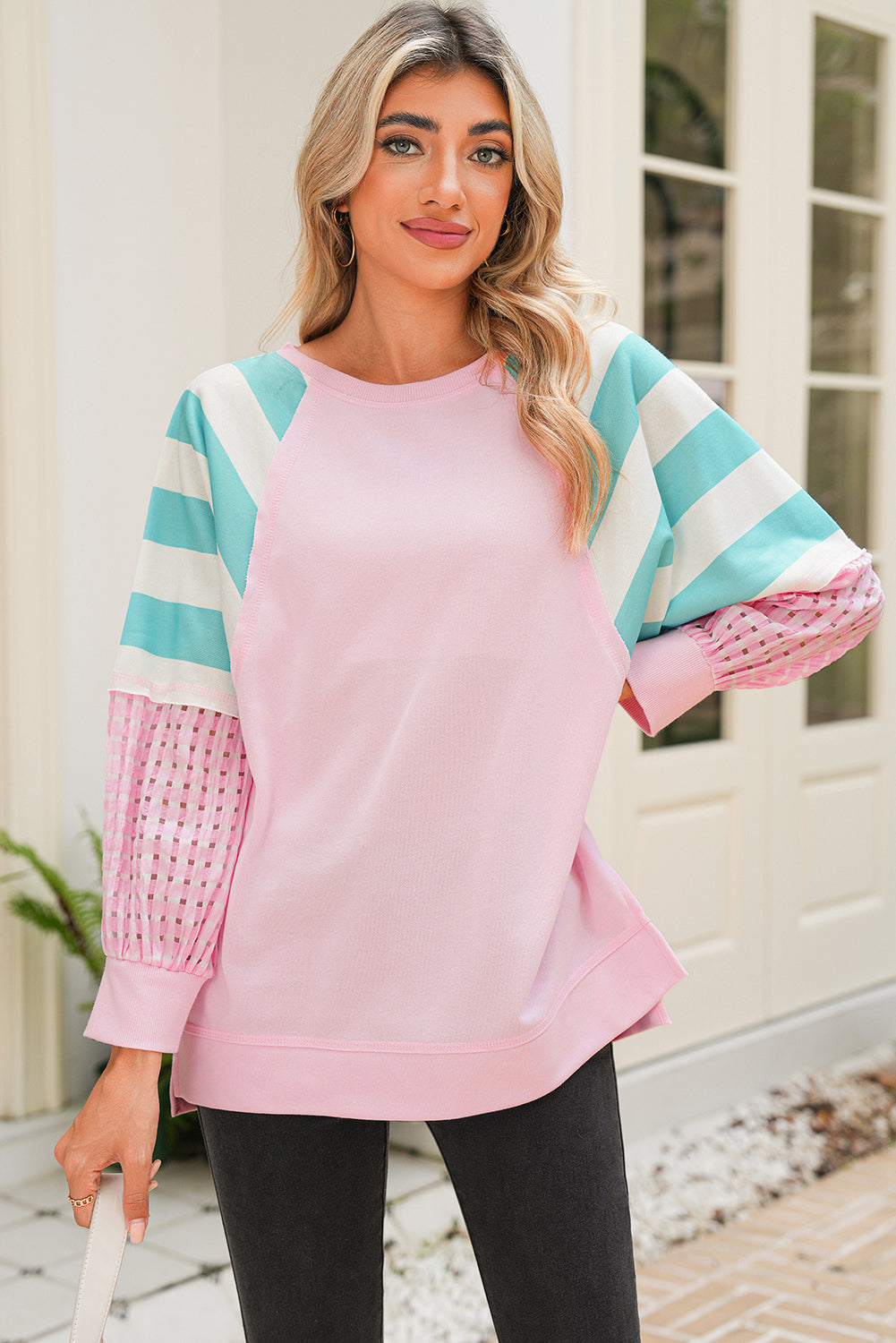 Bonbon Striped Colorblock Patchwork Raglan Sleeve Top