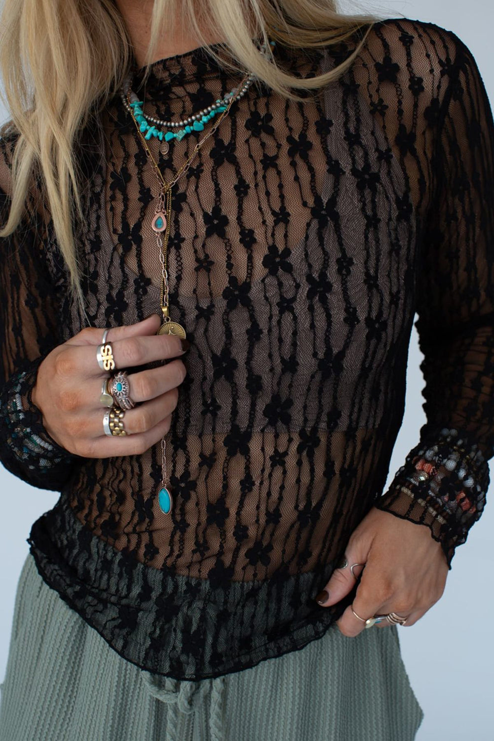Black Sheer Floral Lace Long Sleeve Slim Fit Top