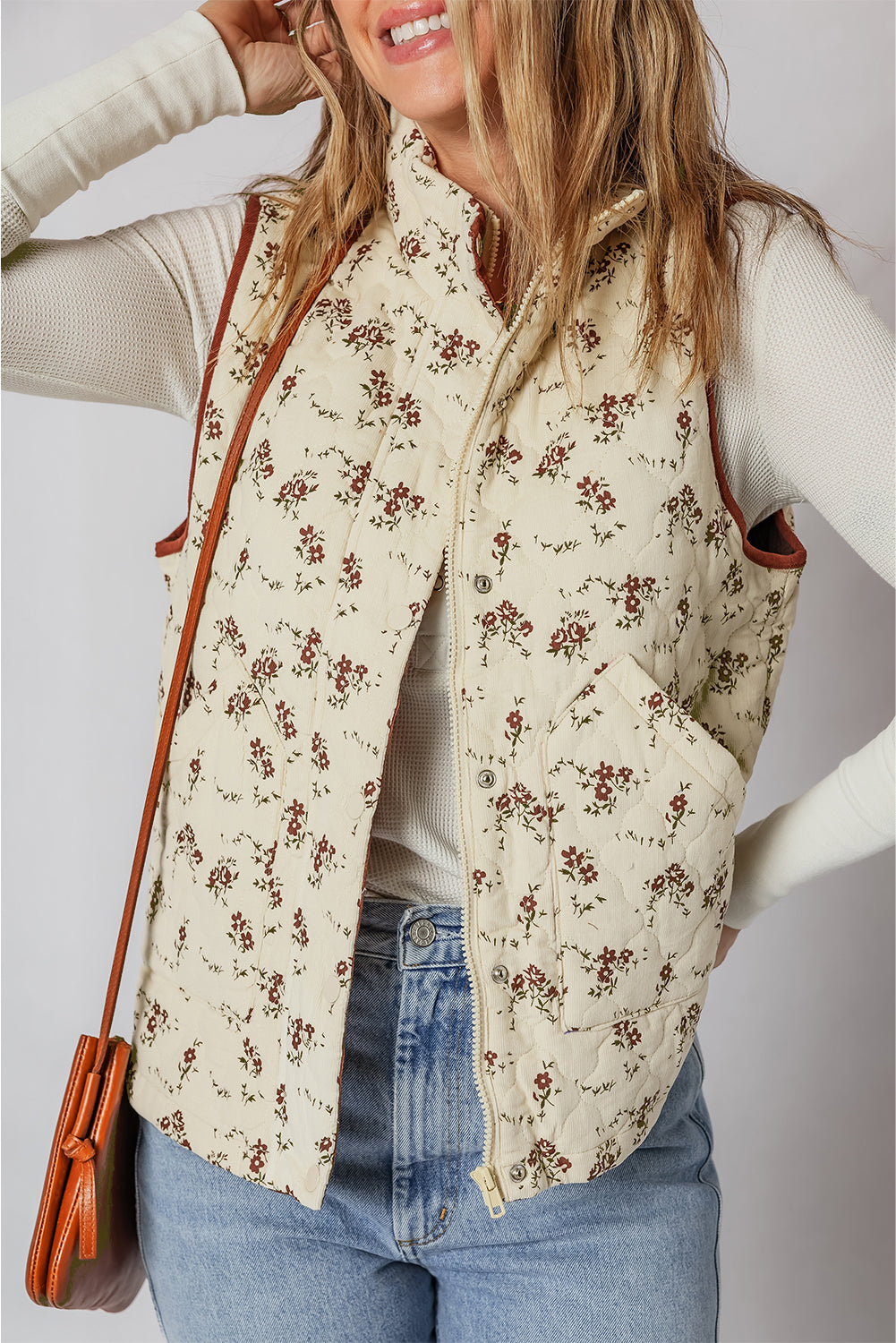 Apricot Floral Print Zip Up Quilted Warm Vest
