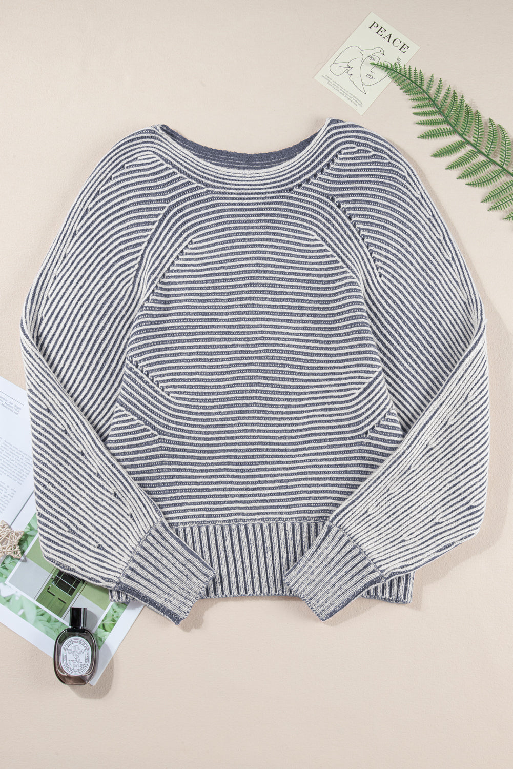 Ashleigh Blue Striped Print Ribbed Knit Raglan Sleeve Baggy Sweater