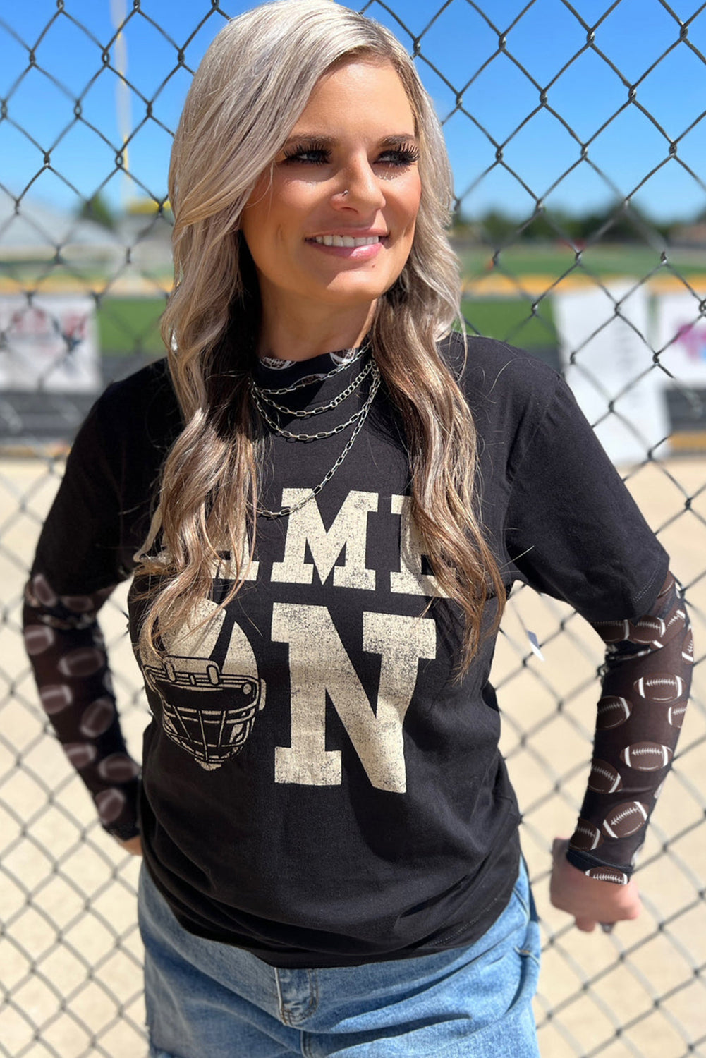 Black Game Day Football Mesh Sheer Long Sleeve Top