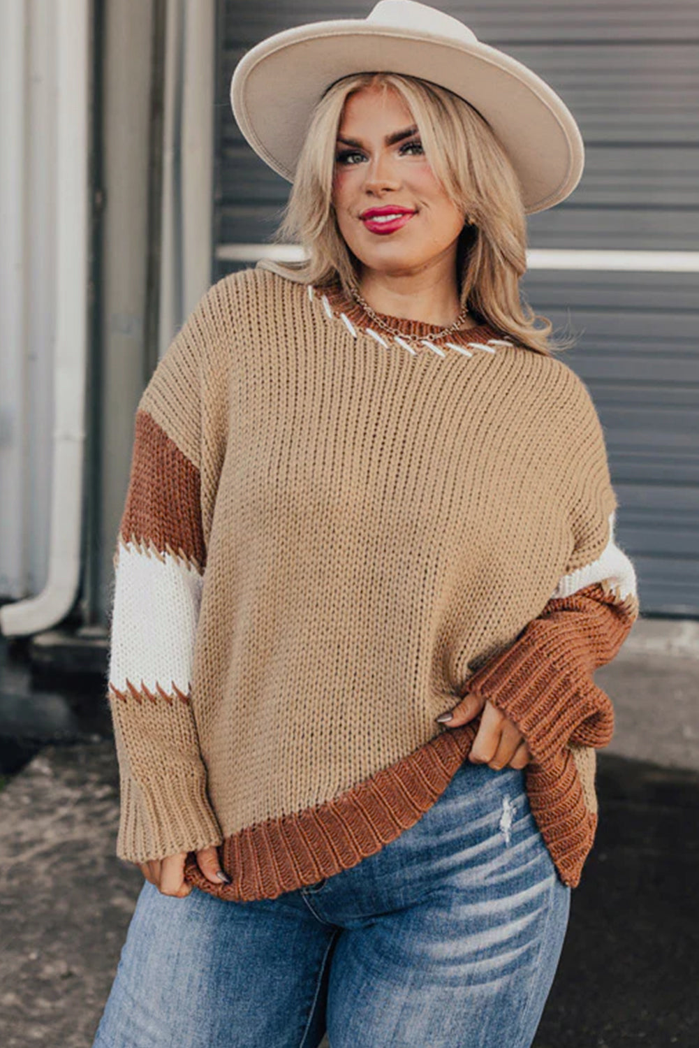 Light French Beige Contrast Stitch Detail Colorblock Knitted Plus Size Sweater