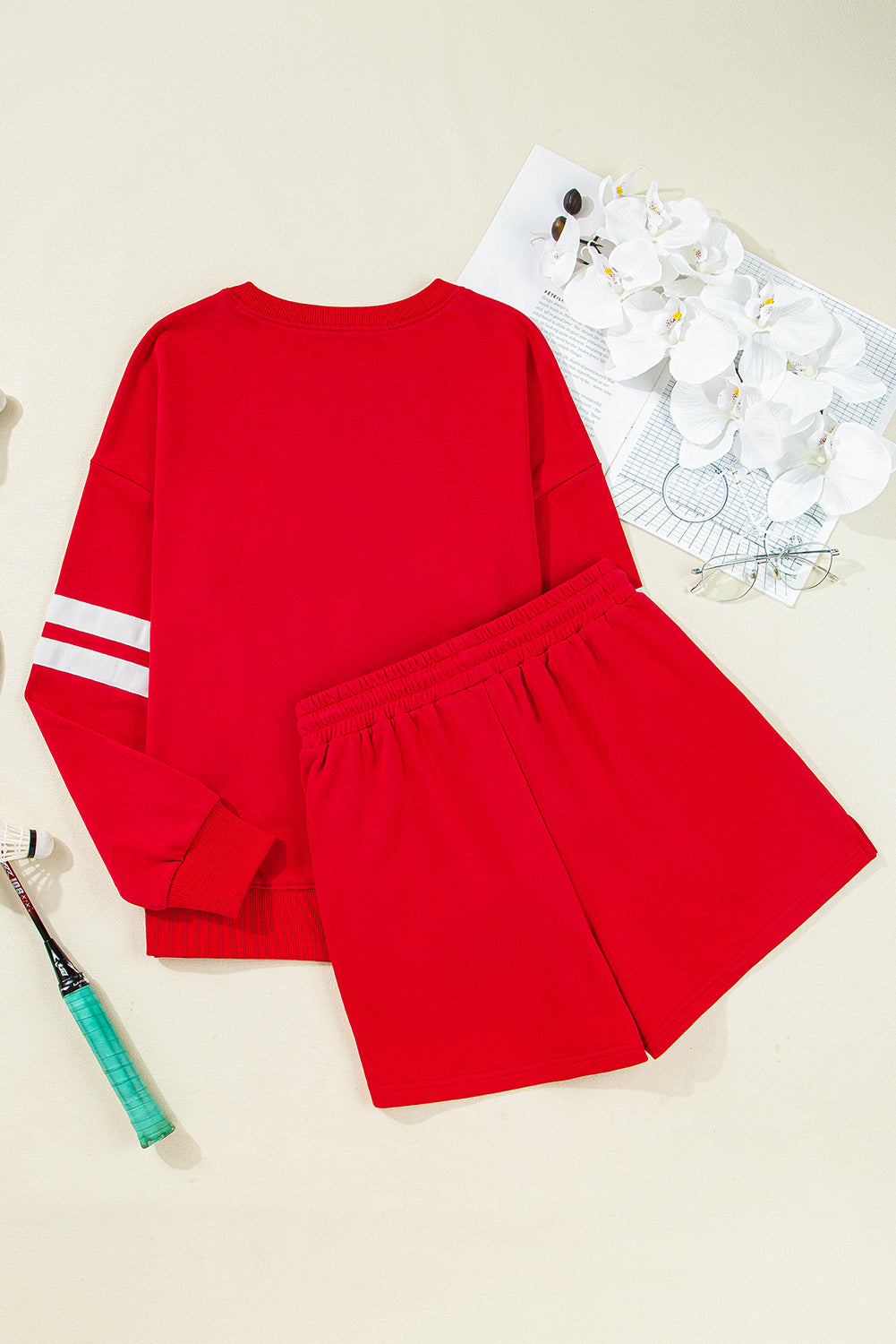 Fiery Red Varsity Striped Sleeve Drop Shoulder Sweatshirt and Shorts Set