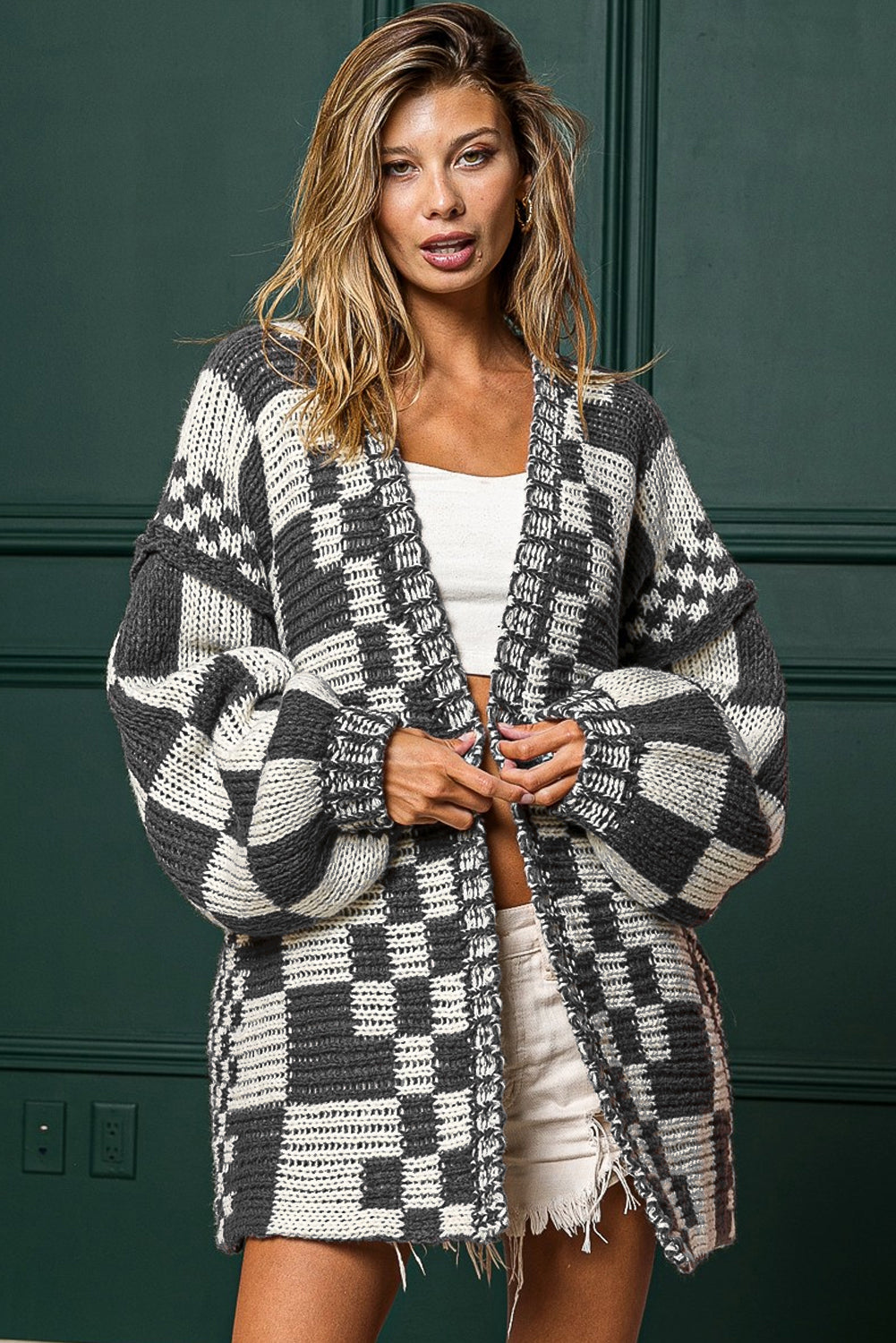 Dark Grey Colorblock Checked Loose Fit Open Front Knitted Cardigan