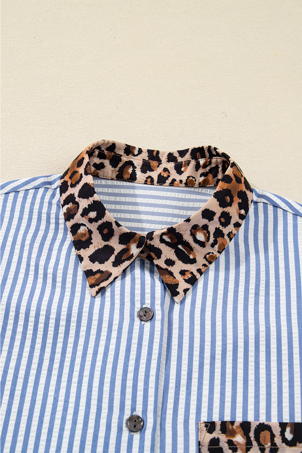 Sky Blue Contrast Leopard and Stripes Button Up Shirt